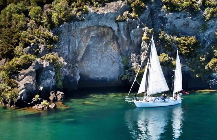 Sailing on Lake Taupo to the Maori Carvings