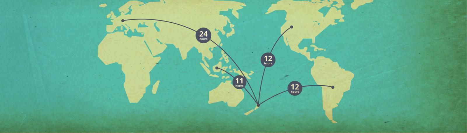 A map with travel distances to New Zealand.