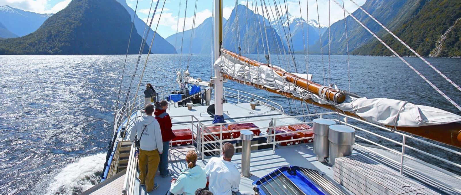 Cruising wonderful Milford Sound with its deep fjord and deep sounds.