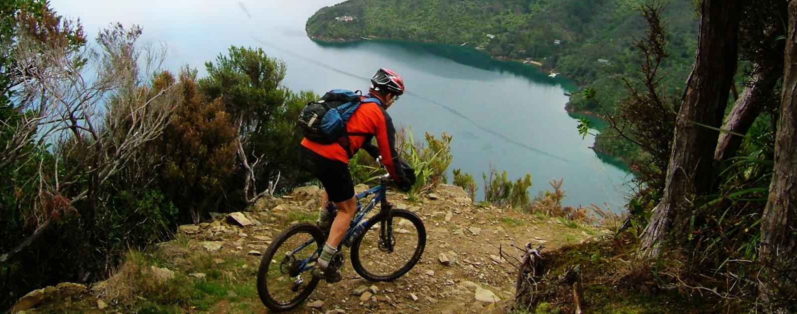 Biker navigation the narrows at the top end of the Queen Charlotte Track