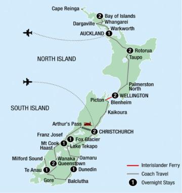 Map of Signature Highlights of New Zealand Coach Tour