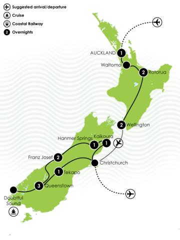 Tour Map: G Adventures - 15 Day Highlights of New Zealand